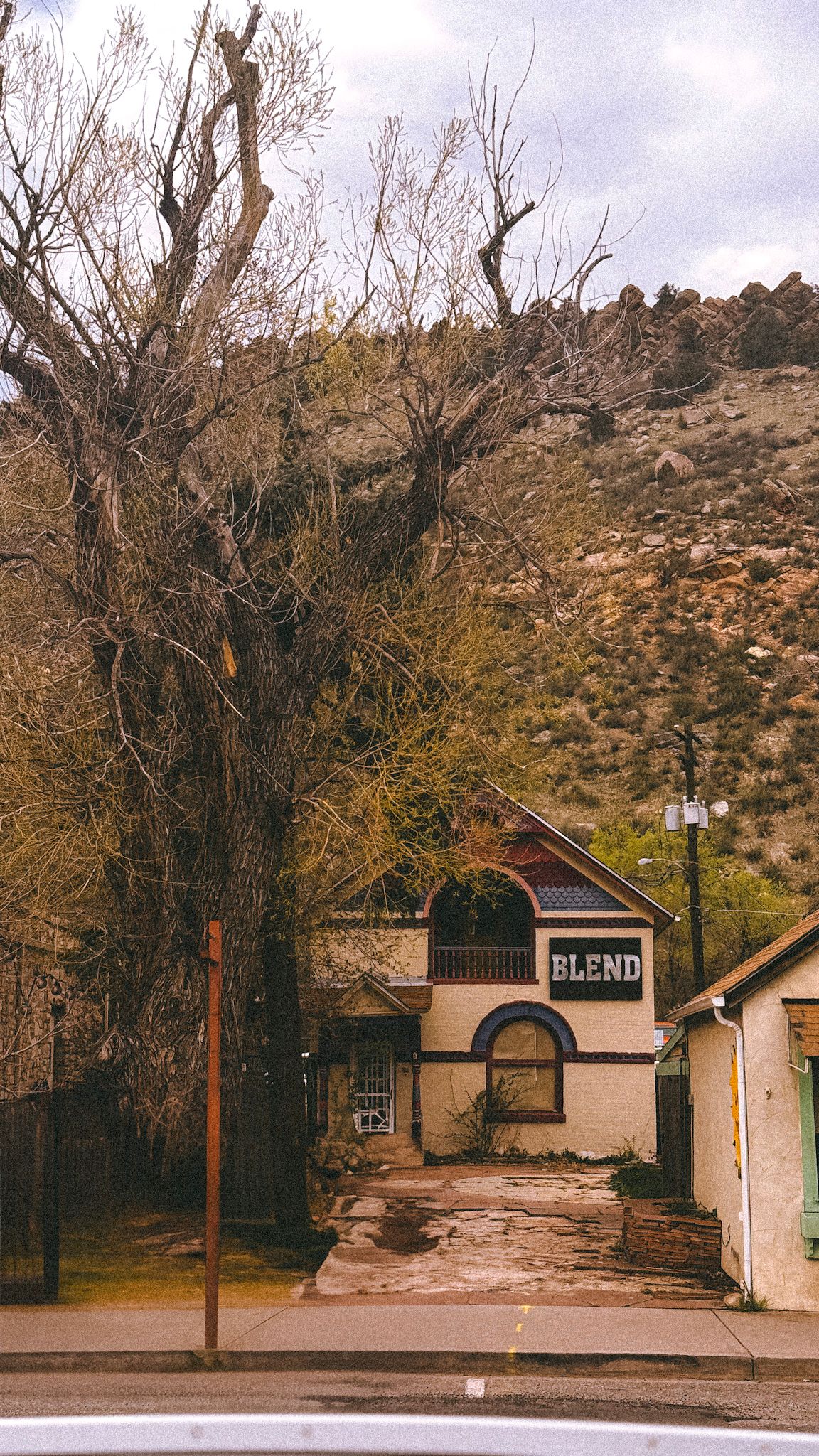 Desert landscape with abandoned adobe building and bare trees.