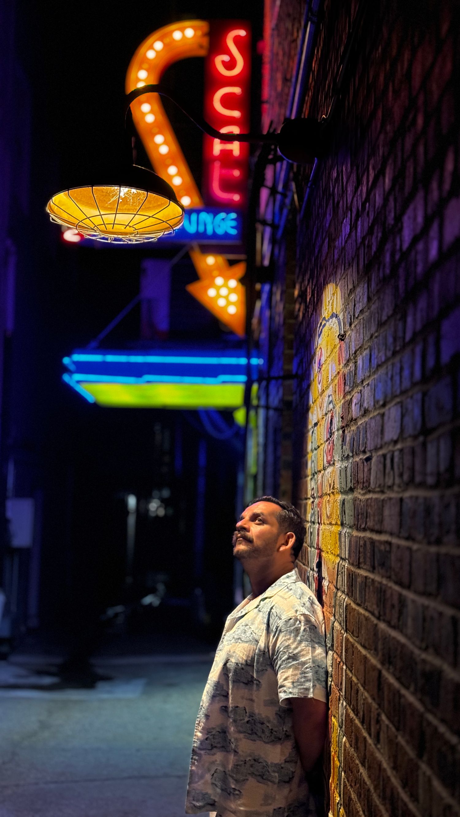 Urban nighttime photography with neon signs illuminating brick wall.