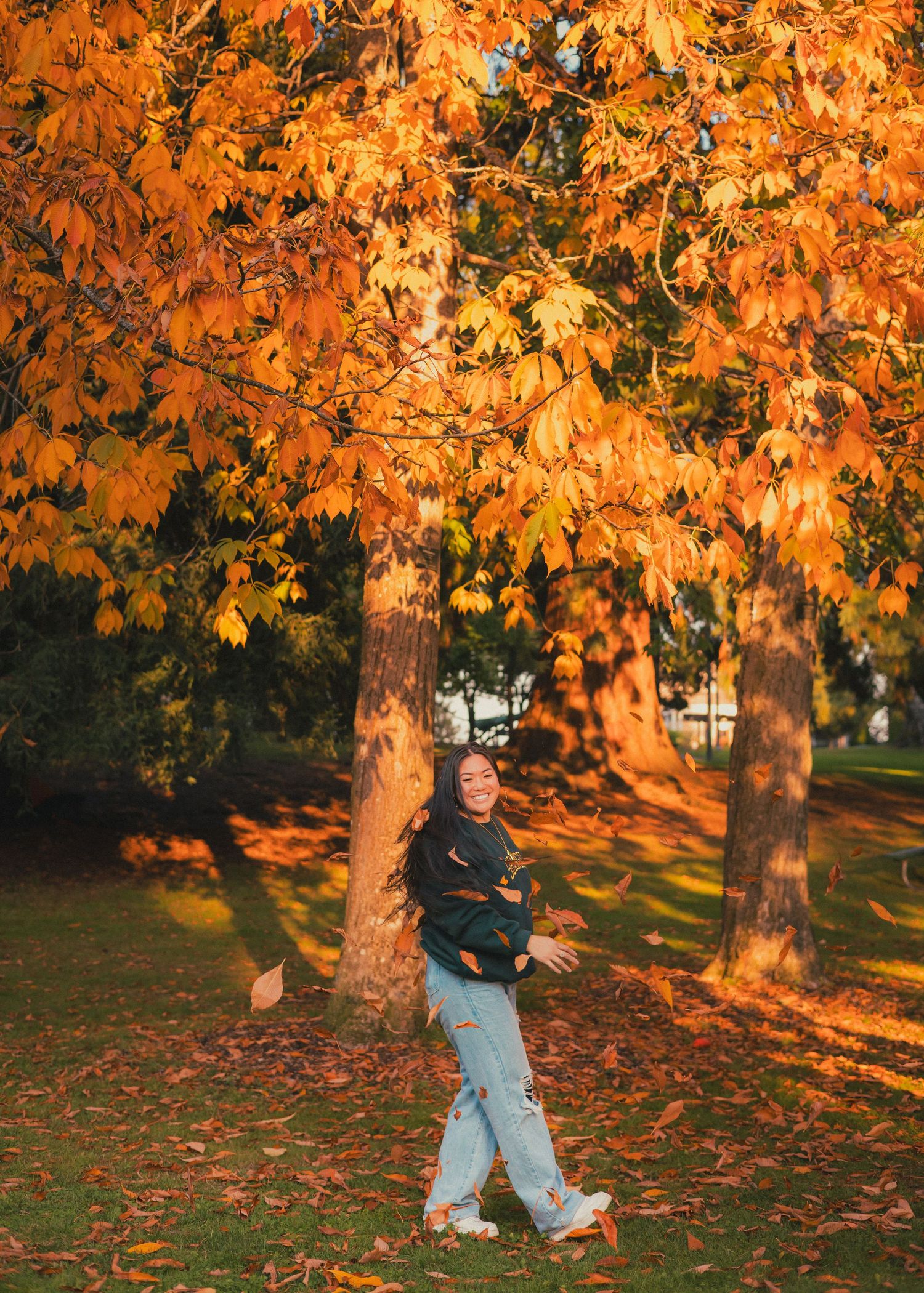 Person walking through vibrant autumn leaves under orange-tinted trees in a park.