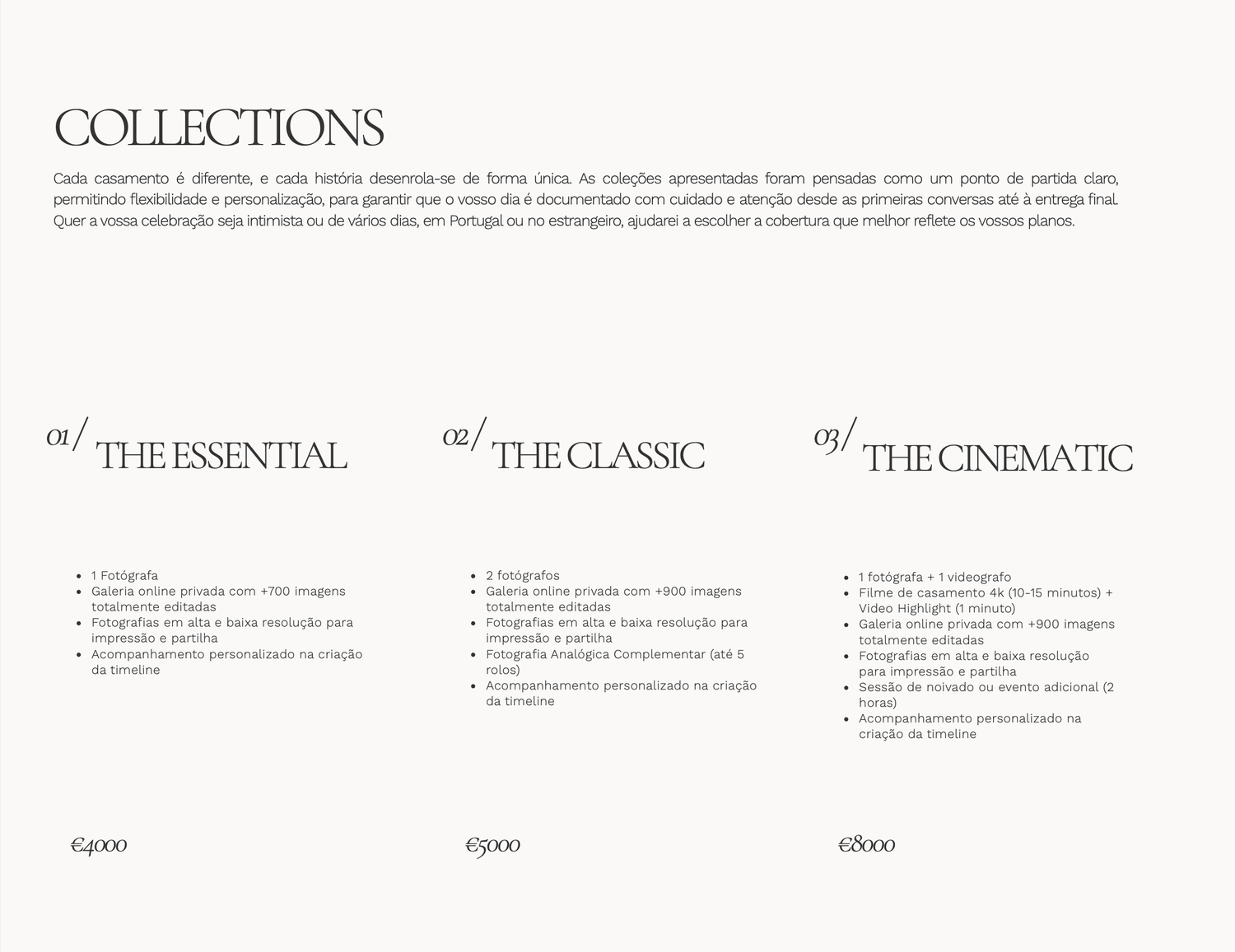 Photography collections page showing three tiers: The Essential, The Classic, and The Cinematic, with pricing and package details.