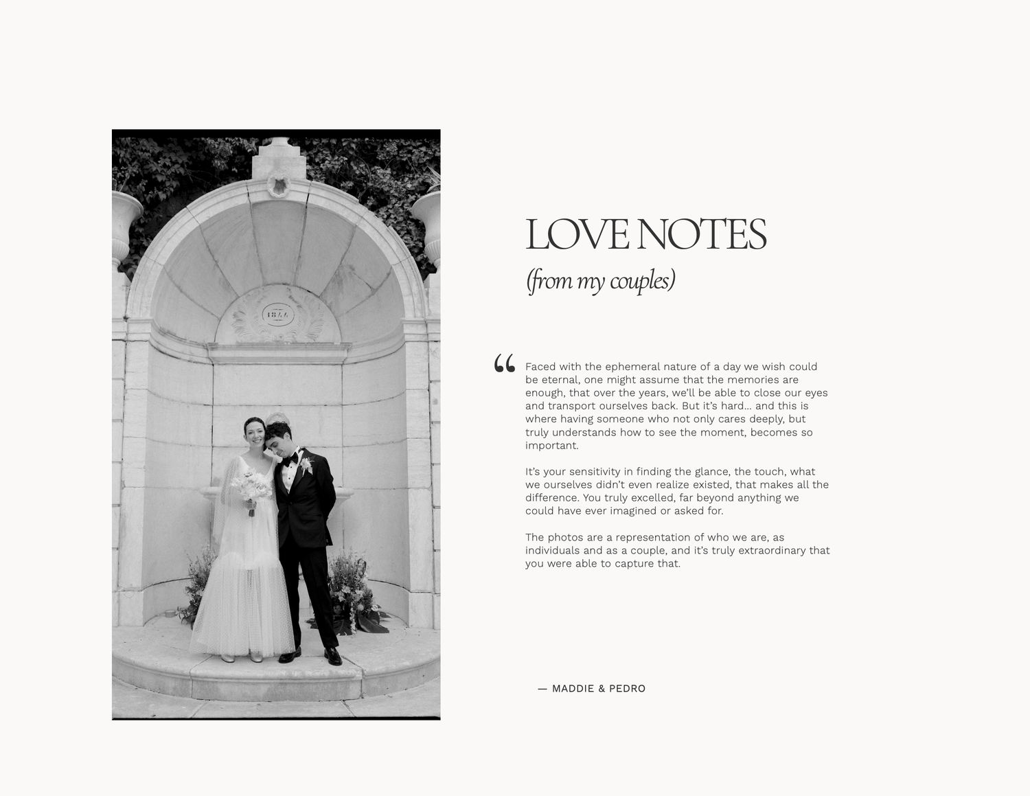 Black and white wedding photo layout featuring couple posing under stone arch with love notes testimonial text beside it.