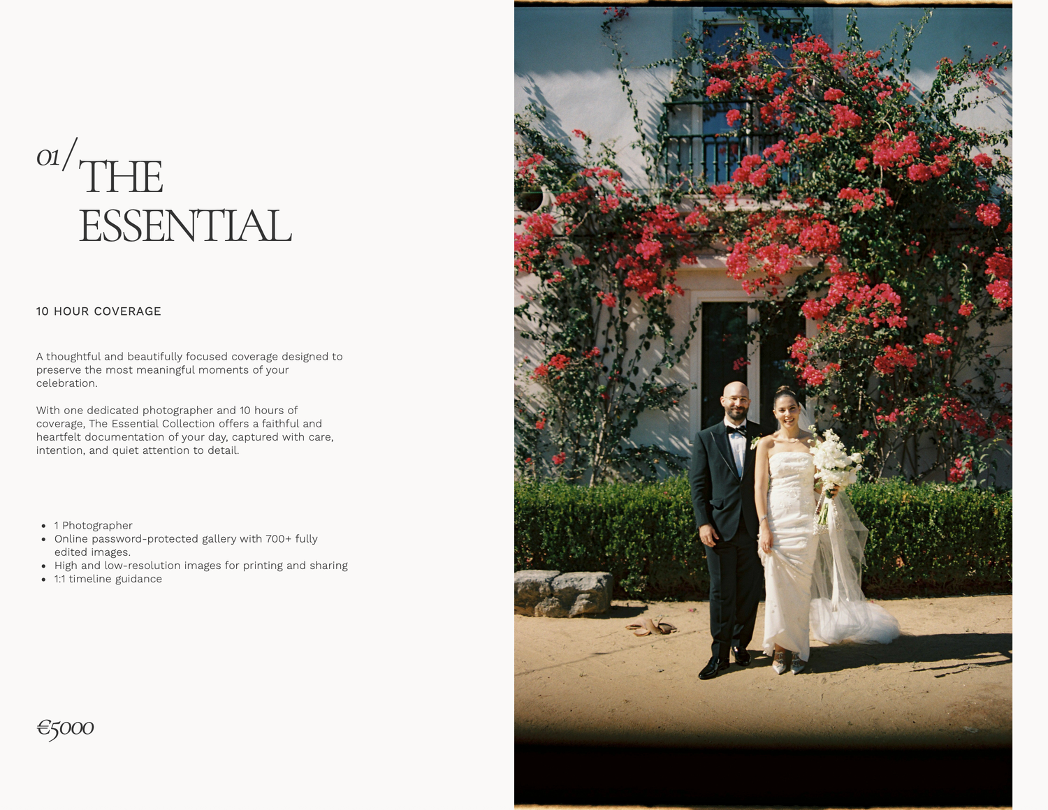Elegant wedding couple poses before blooming red roses at an outdoor venue in The Essential photography package brochure.