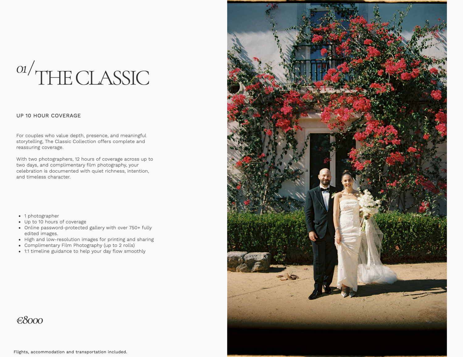 Elegant wedding couple poses before a red flower-covered villa wall, featured in a Classic wedding photography package brochure.