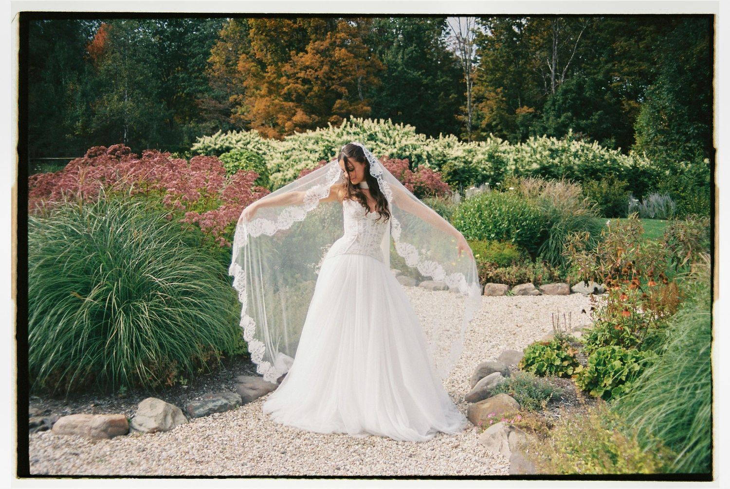 Bride in white gown and flowing veil poses gracefully in a lush garden with colorful flowers and greenery.