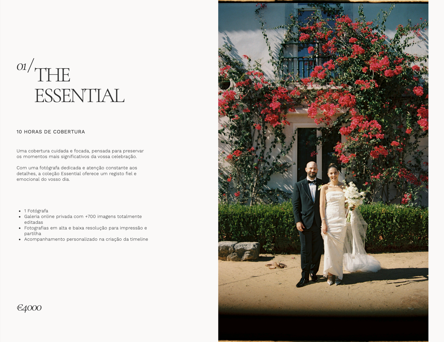 Elegant couple posing in front of a charming venue adorned with vibrant red flowers for a wedding photography package.