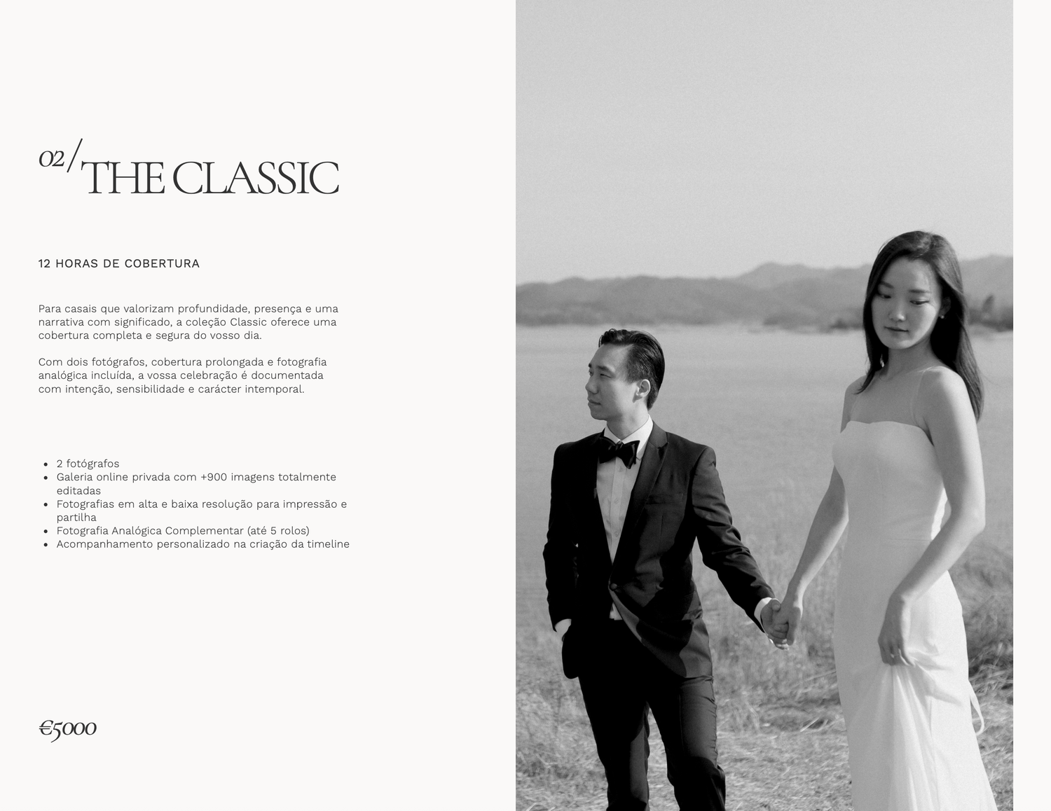 Elegant couple in wedding attire posing outdoors, groom in black tuxedo and bride in white gown, classic photography package.
