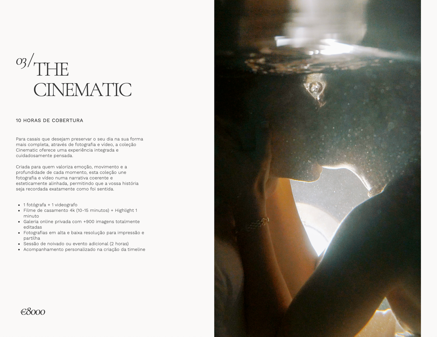 Underwater cinematic photography package brochure featuring a person submerged in water with dramatic lighting.