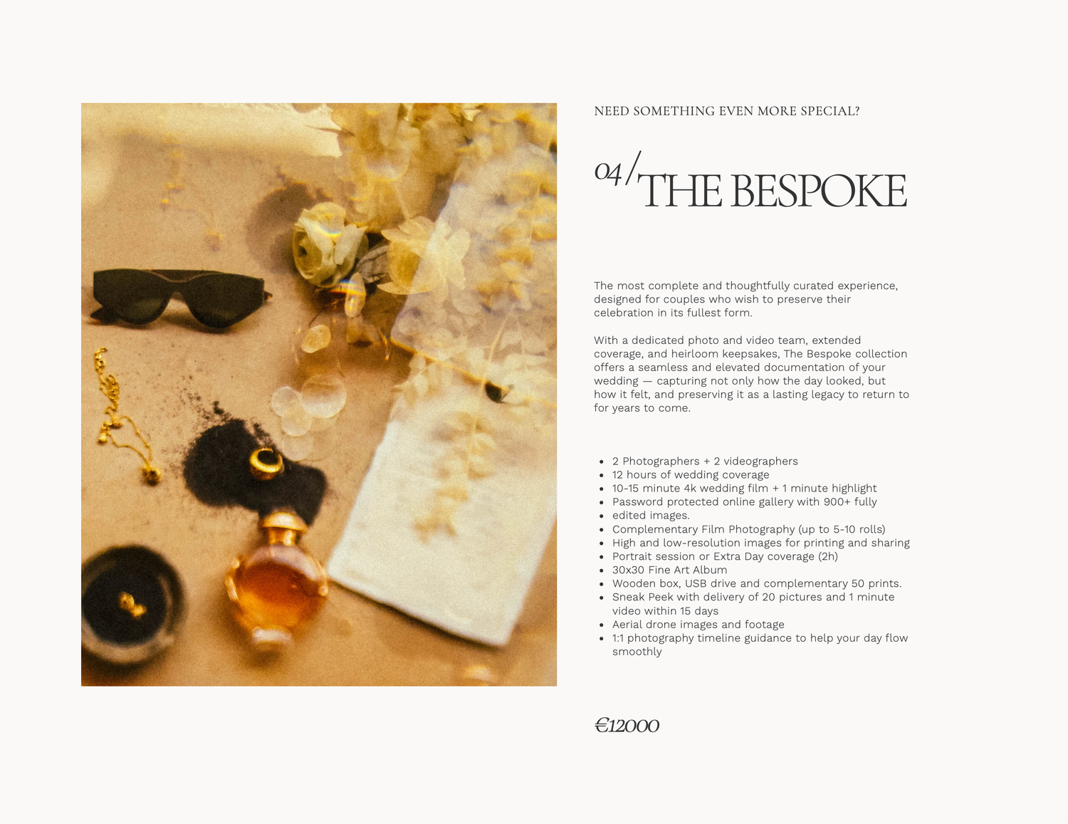 Luxury bespoke perfume bottle with gold accents surrounded by scattered flowers and sunglasses on a elegant cream surface.