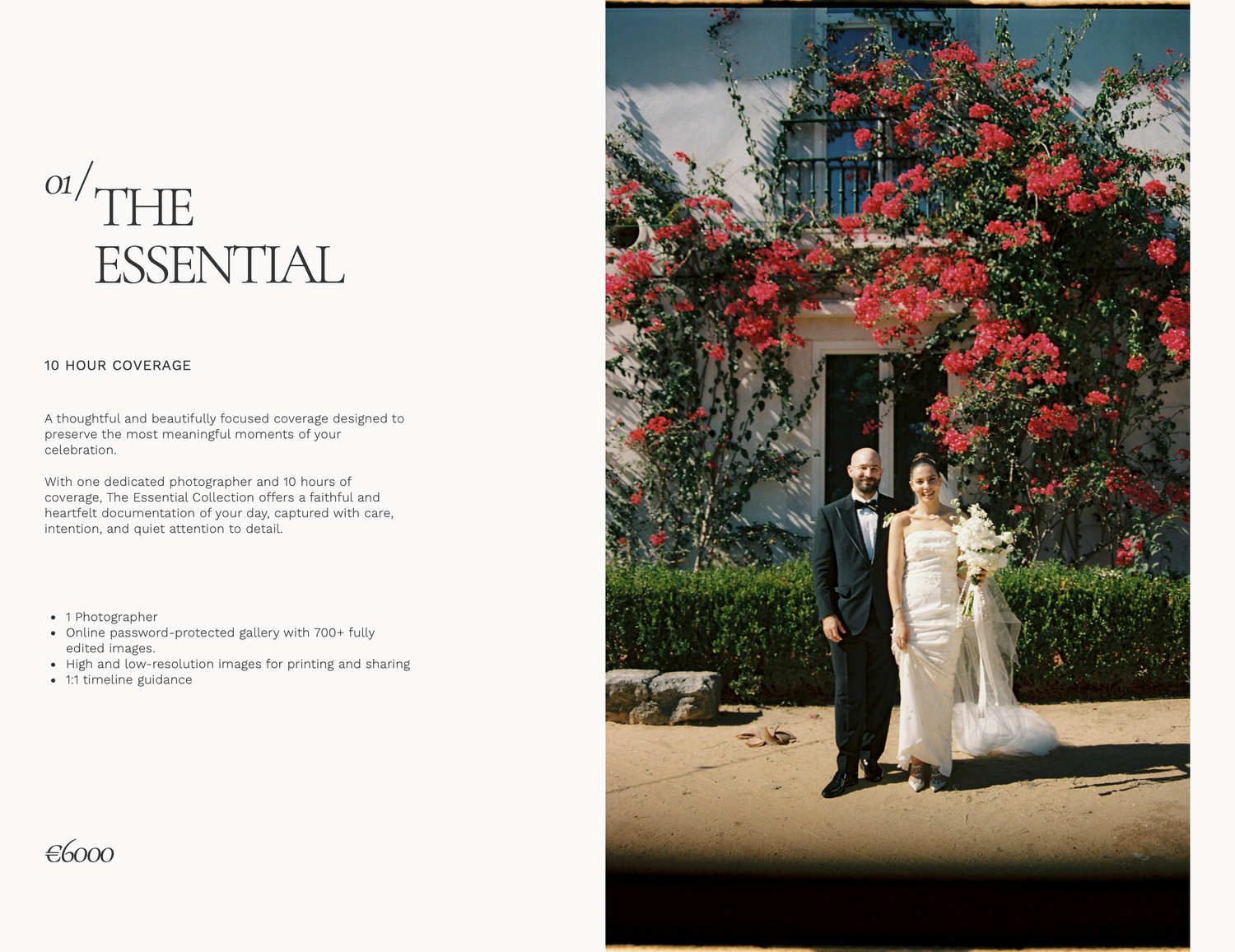 Elegant wedding couple poses before a flower-covered villa wall, featured in The Essential 10-hour photography coverage package.