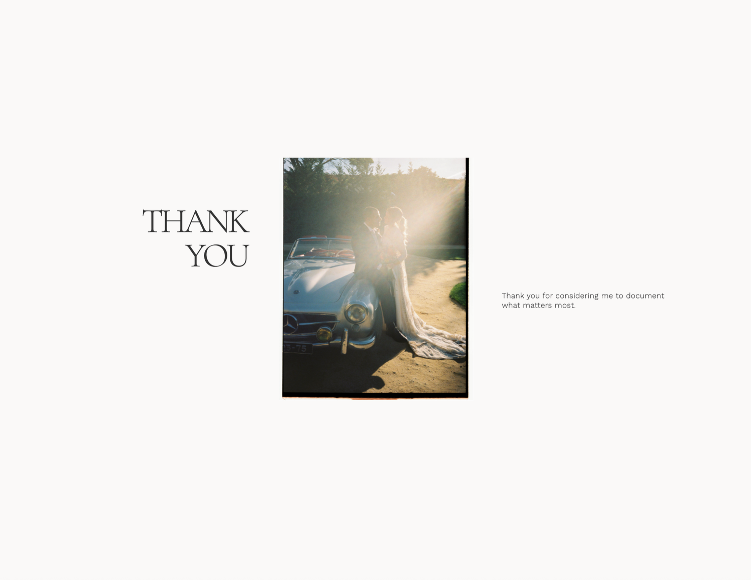 A vintage car parked outdoors with a person standing nearby, overlaid on a thank you slide with elegant serif typography.
