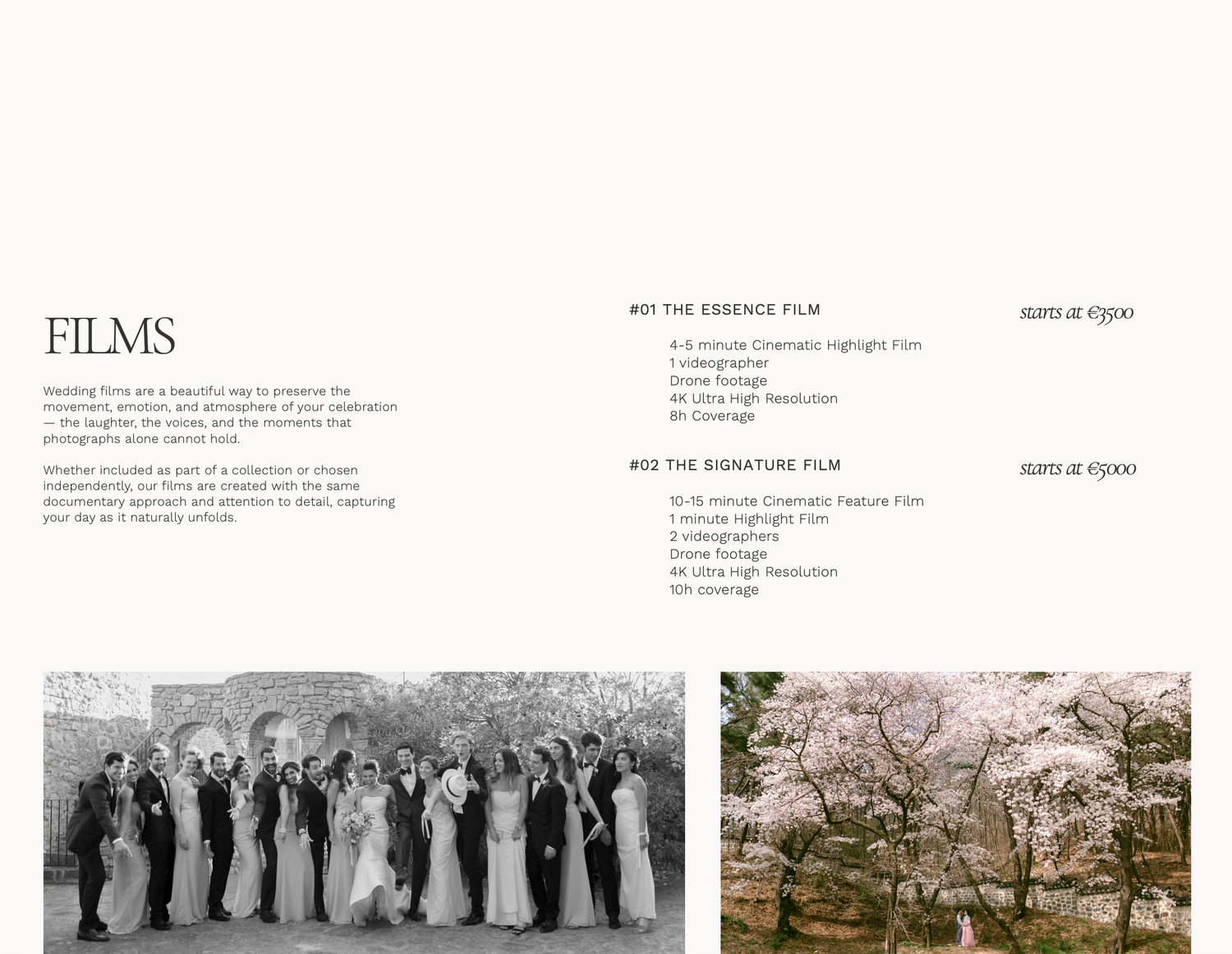 Black and white wedding party photo beside cherry blossom trees, showcasing elegant wedding film packages.
