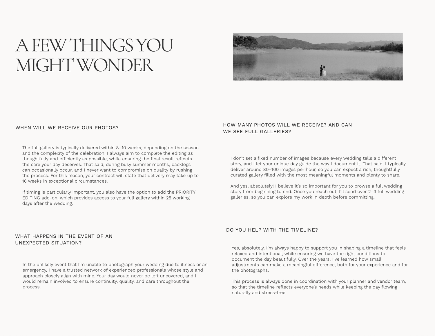 A minimalist FAQ page with elegant typography featuring wedding photography questions on a clean white background.