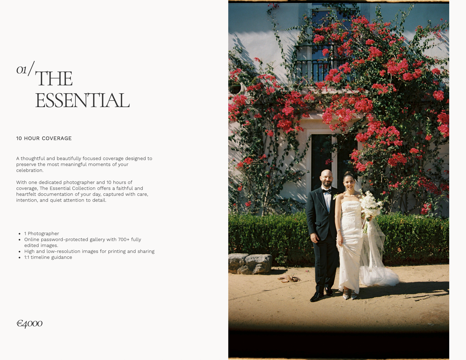 Elegant wedding couple posing before a flowering vine-covered wall, featured in a luxury photography package brochure.