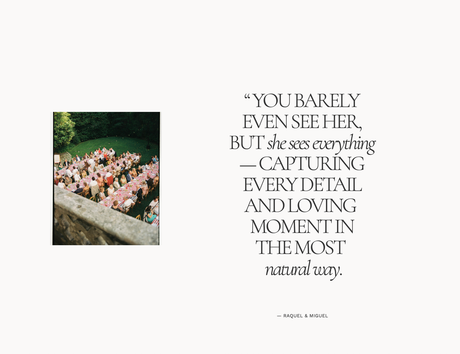 A wedding reception quote card featuring an outdoor ceremony photo and elegant typography praising a photographer's natural style.