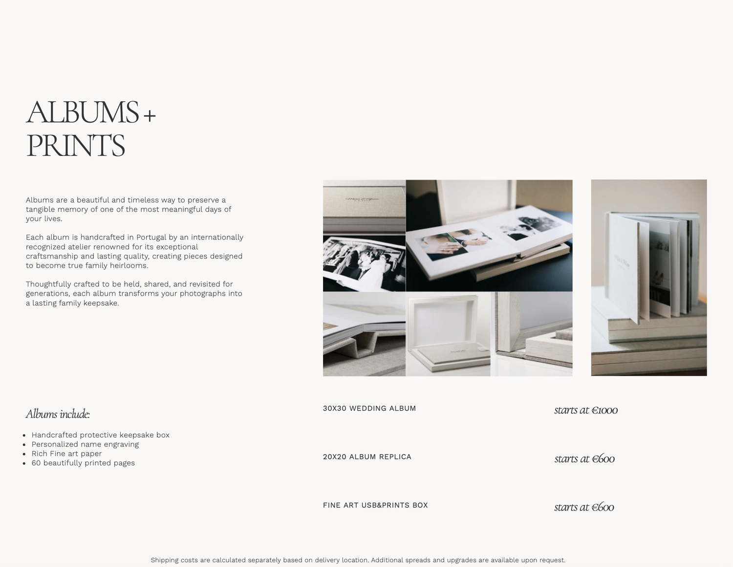 Elegant wedding album and print collection displayed on a neutral background, showcasing luxury photo book options.
