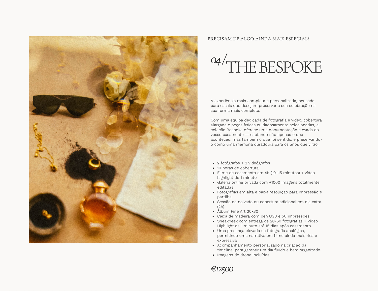 Luxury bespoke photography package flat lay with sunglasses, gold decorations, perfume bottle, and scattered petals on white surface.
