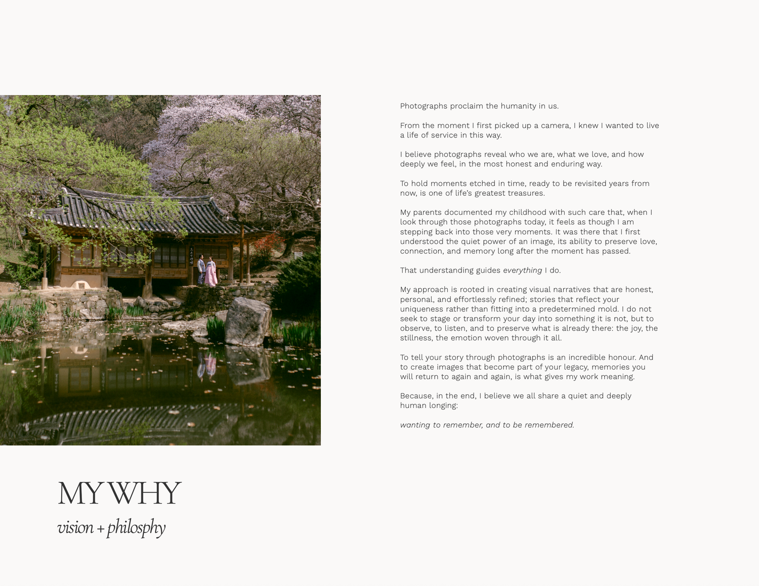 A serene Korean traditional pavilion surrounded by lush greenery and a tranquil pond, featured in a photography brand philosophy page.