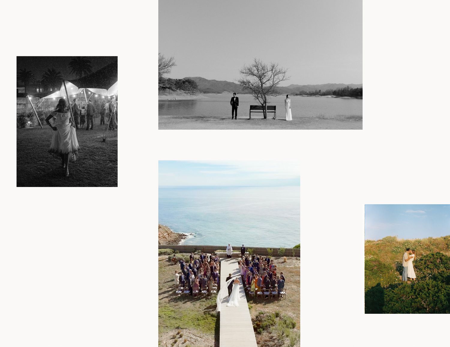 Four wedding photos showing receptions and ceremonies at scenic outdoor venues including beachside and cliffside locations.