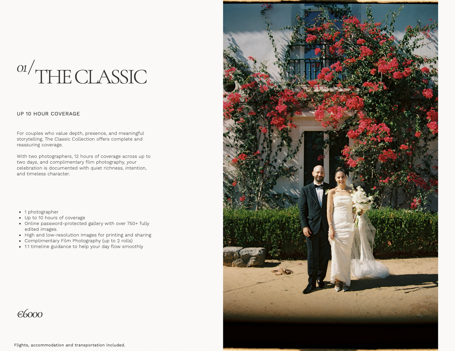 Elegant wedding couple posing outdoors under vibrant red flowers, featured in The Classic photography package brochure.