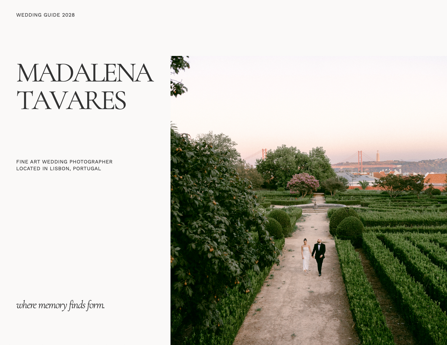 A couple walks through lush green garden hedges in Lisbon, Portugal, featured in Madalena Tavares fine art wedding photography guide.