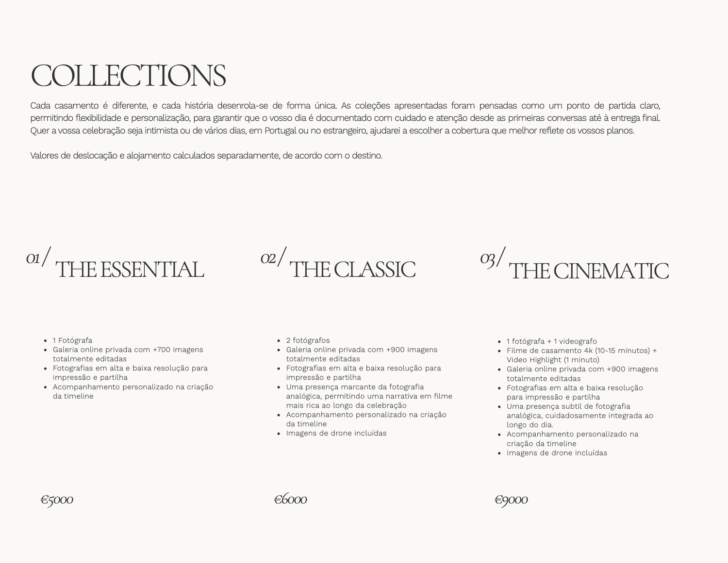 Photography collections pricing page showing three tiers: The Essential, The Classic, and The Cinematic packages.