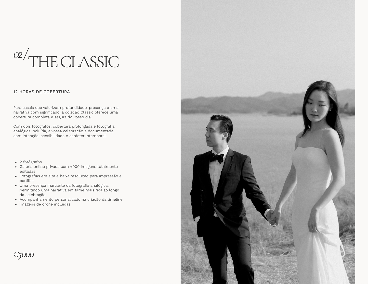 Elegant couple in formal wedding attire posing outdoors in a scenic landscape, black and white photography.