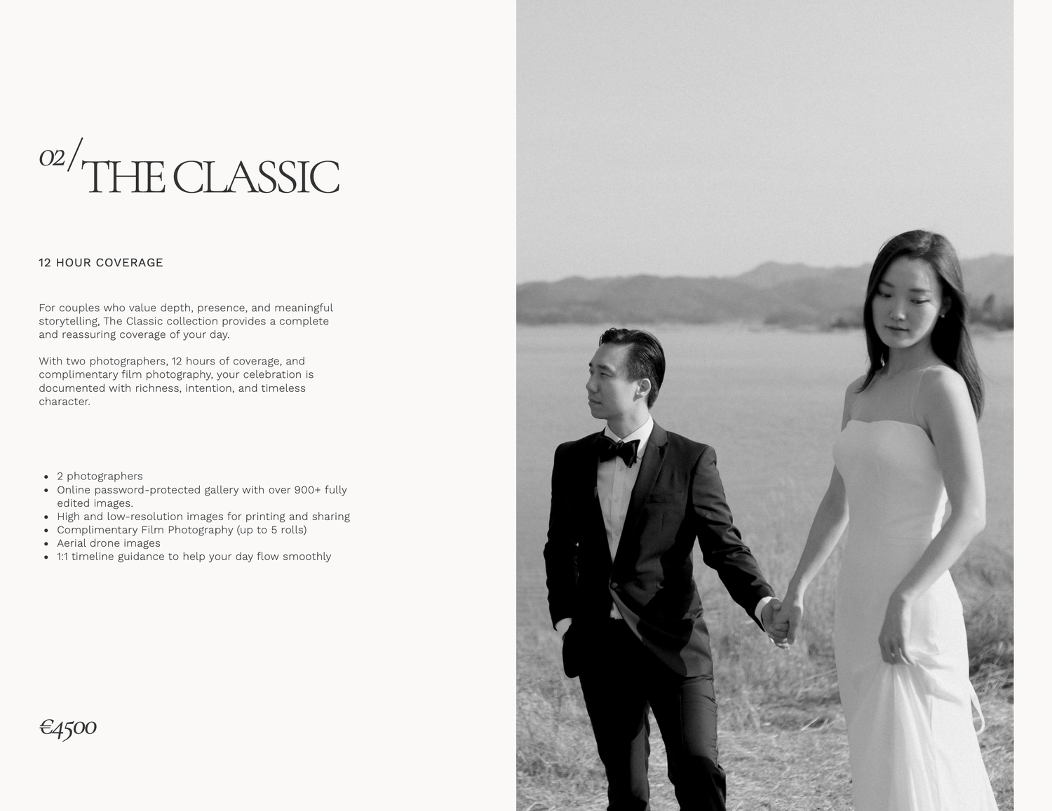 Elegant couple in wedding attire pose outdoors in black and white photo beside The Classic 12-hour photography package details.