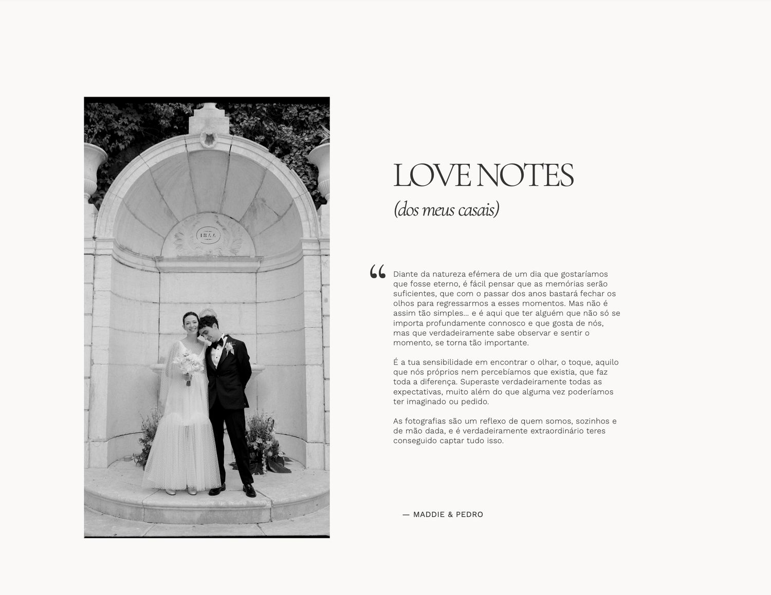 Elegant wedding couple posing under a stone arch in black and white photo on a Love Notes themed album page.