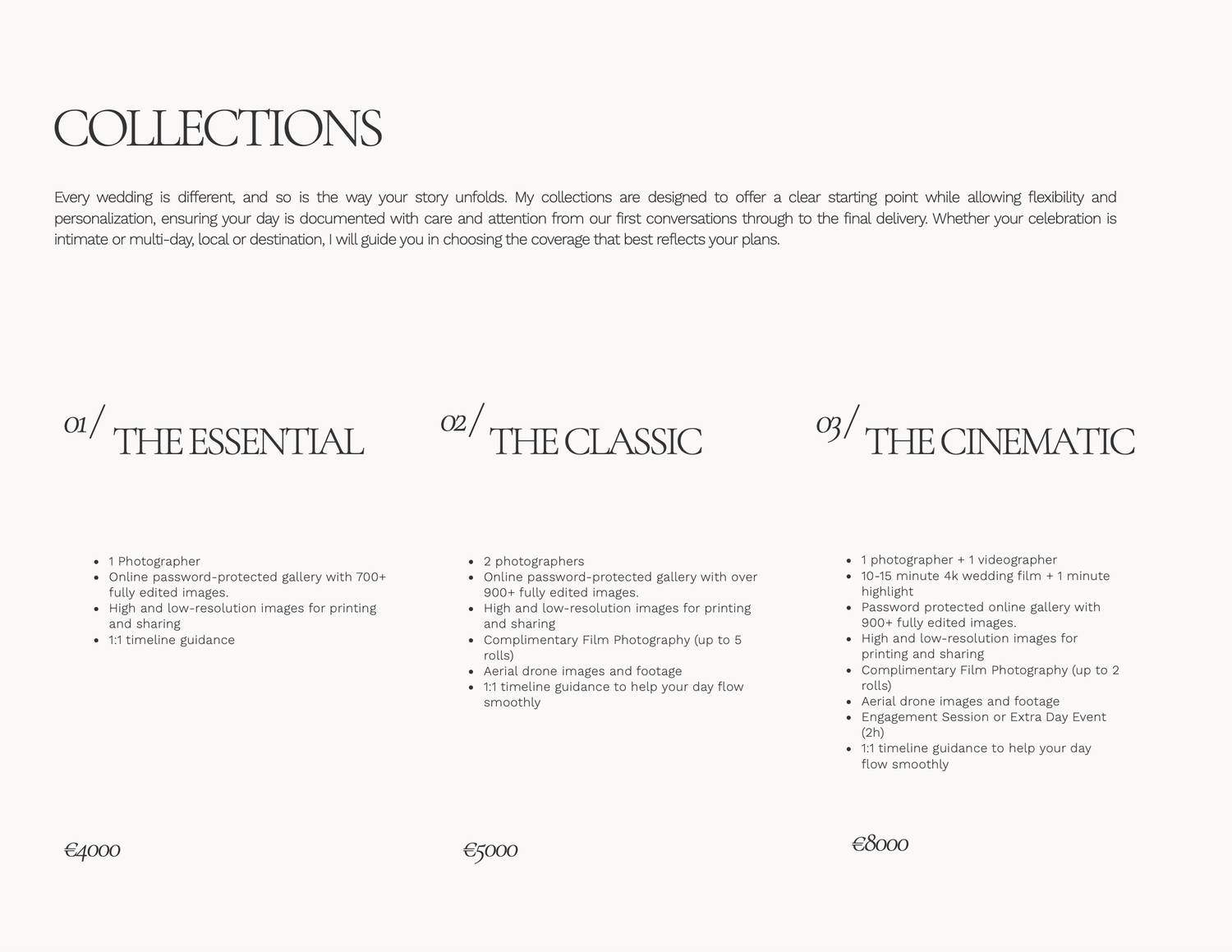 Wedding photography collections page showing three packages: The Essential, The Classic, and The Cinematic, with pricing and details.
