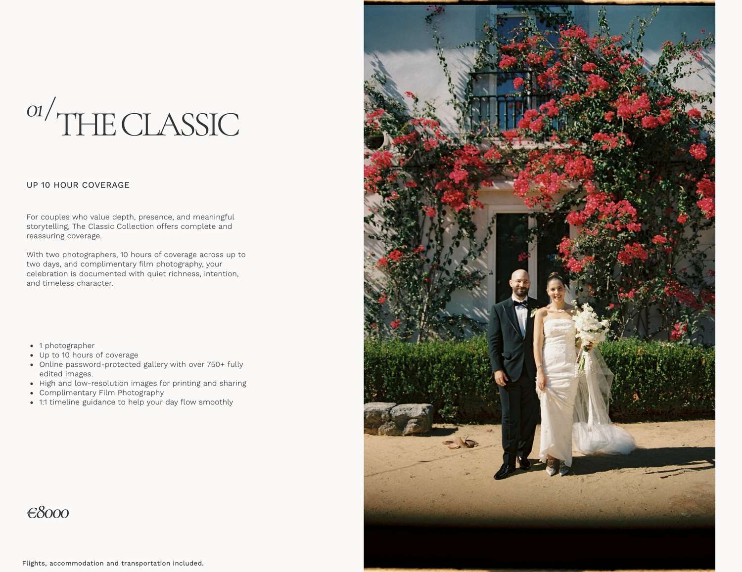 Elegant wedding couple poses outside a floral-adorned venue, featured in The Classic photography package brochure.
