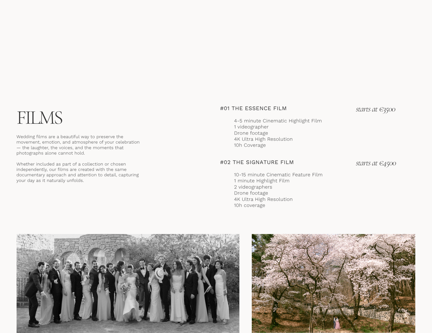 Black and white wedding party photo beside a cherry blossom tree, featured in an elegant wedding films pricing brochure.