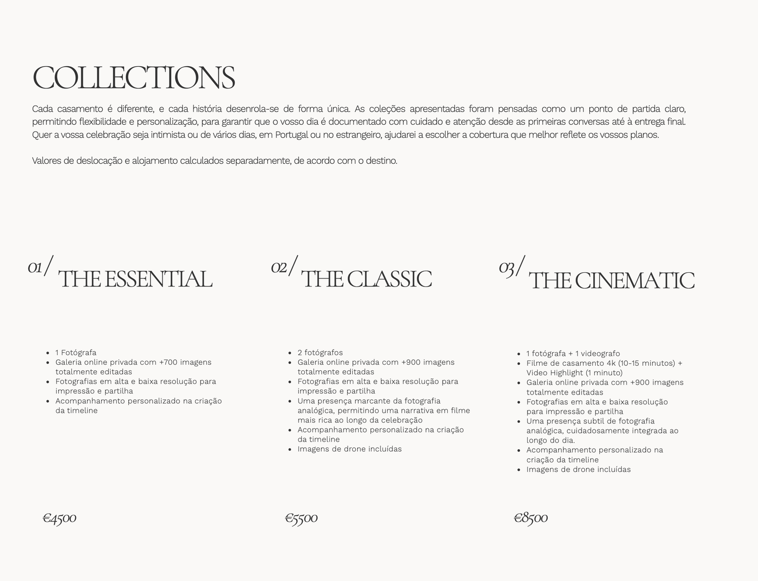 Photography collections pricing page showing three tiers: The Essential, The Classic, and The Cinematic packages.
