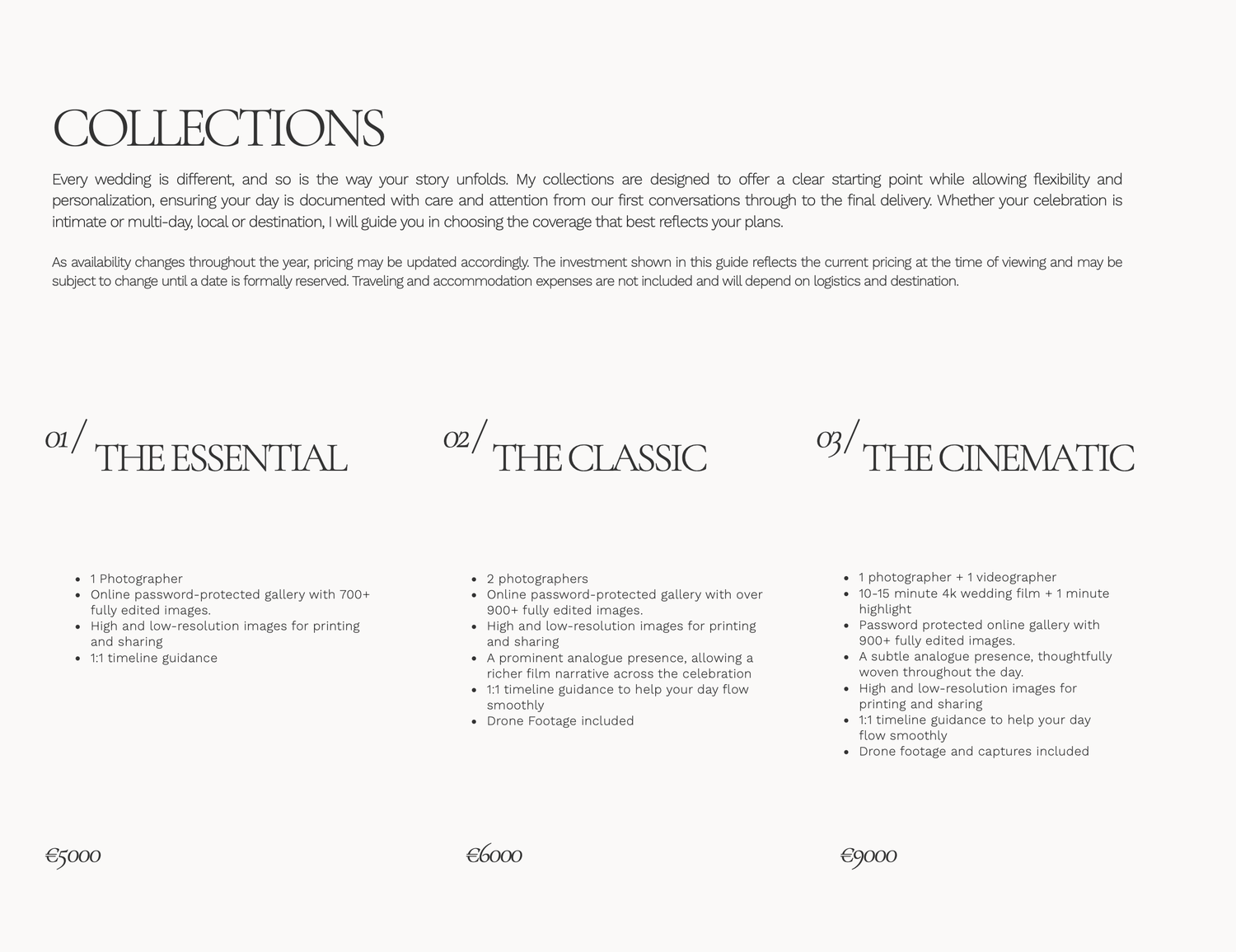 Wedding photography collections page showing three packages: The Essential, The Classic, and The Cinematic, with pricing.