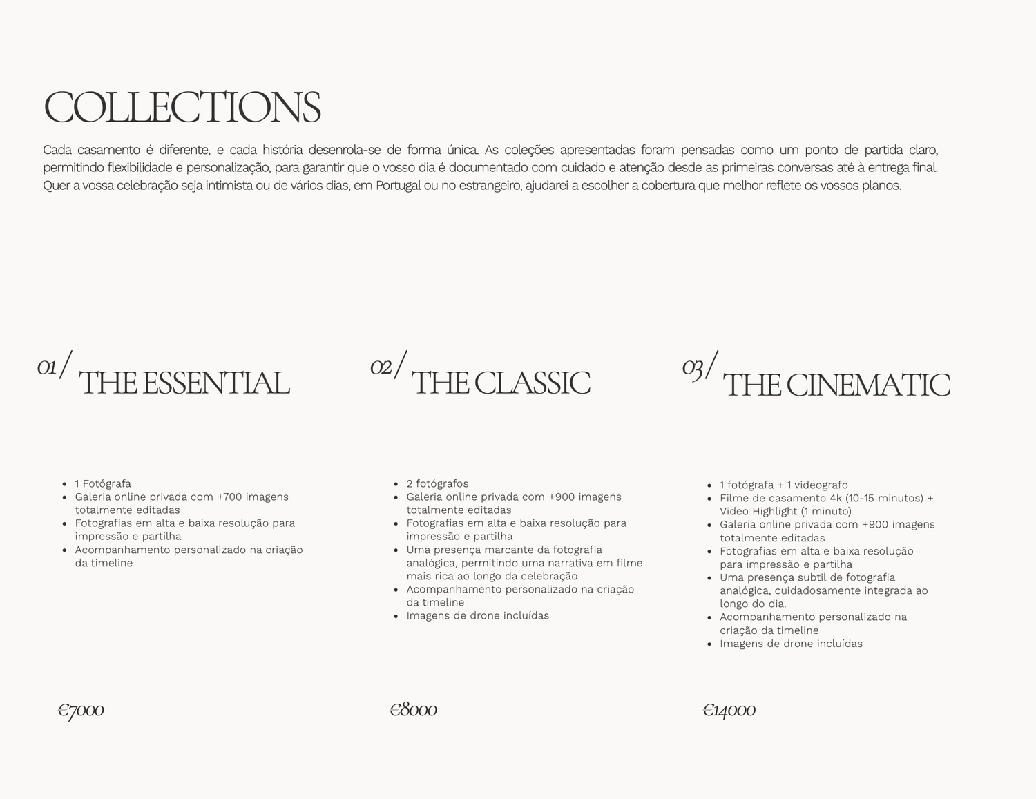 Elegant photography collections brochure showcasing three packages: The Essential, The Classic, and The Cinematic, with pricing.