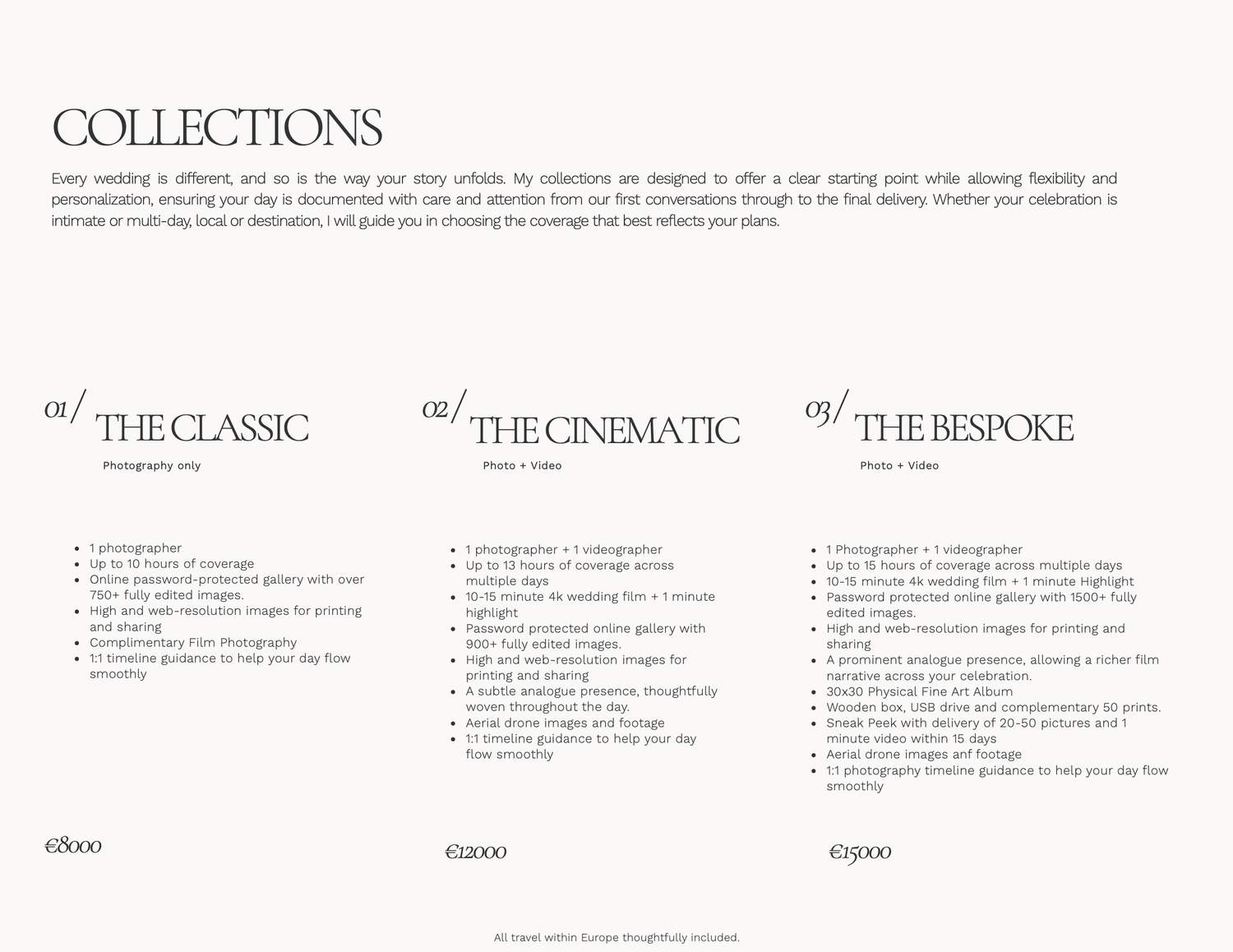 Elegant wedding photography collections brochure showcasing three packages: The Classic, The Cinematic, and The Bespoke.