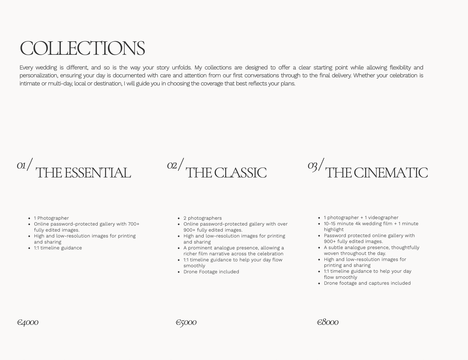 Wedding photography collections pricing guide showing three packages: The Essential, The Classic, and The Cinematic.