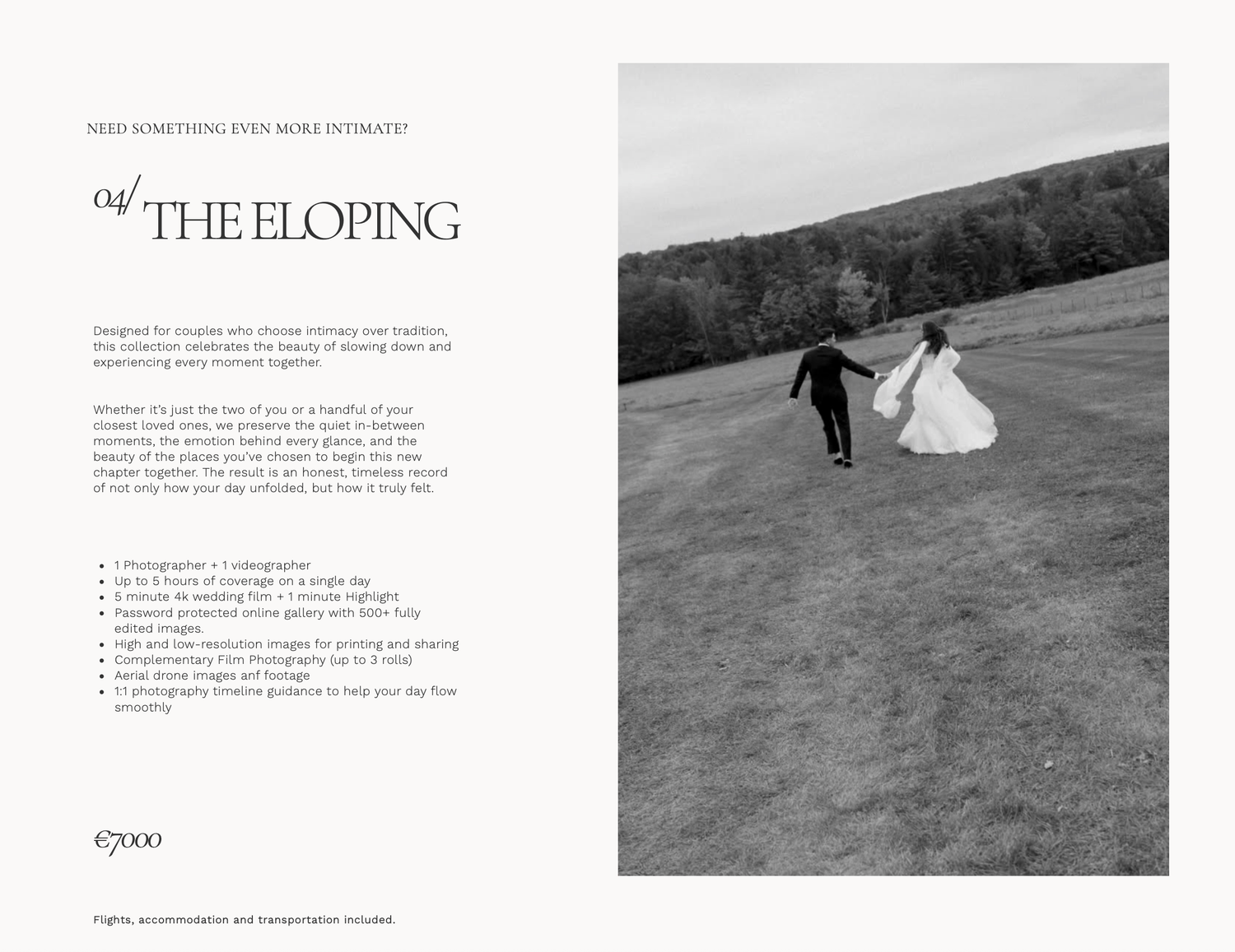A bride and groom run joyfully across a lush green field during an intimate elopement ceremony.