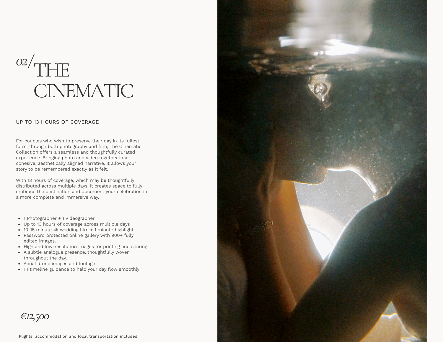 Underwater cinematic wedding photography package brochure featuring an ethereal submerged portrait shot.