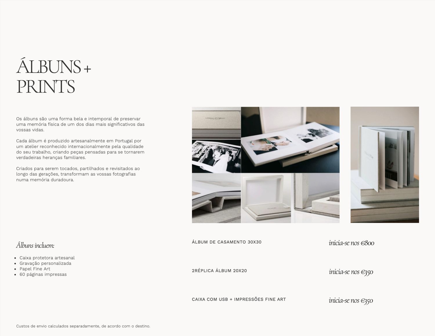 Elegant wedding photo album and prints display showcasing fine art photography products on a clean white background.