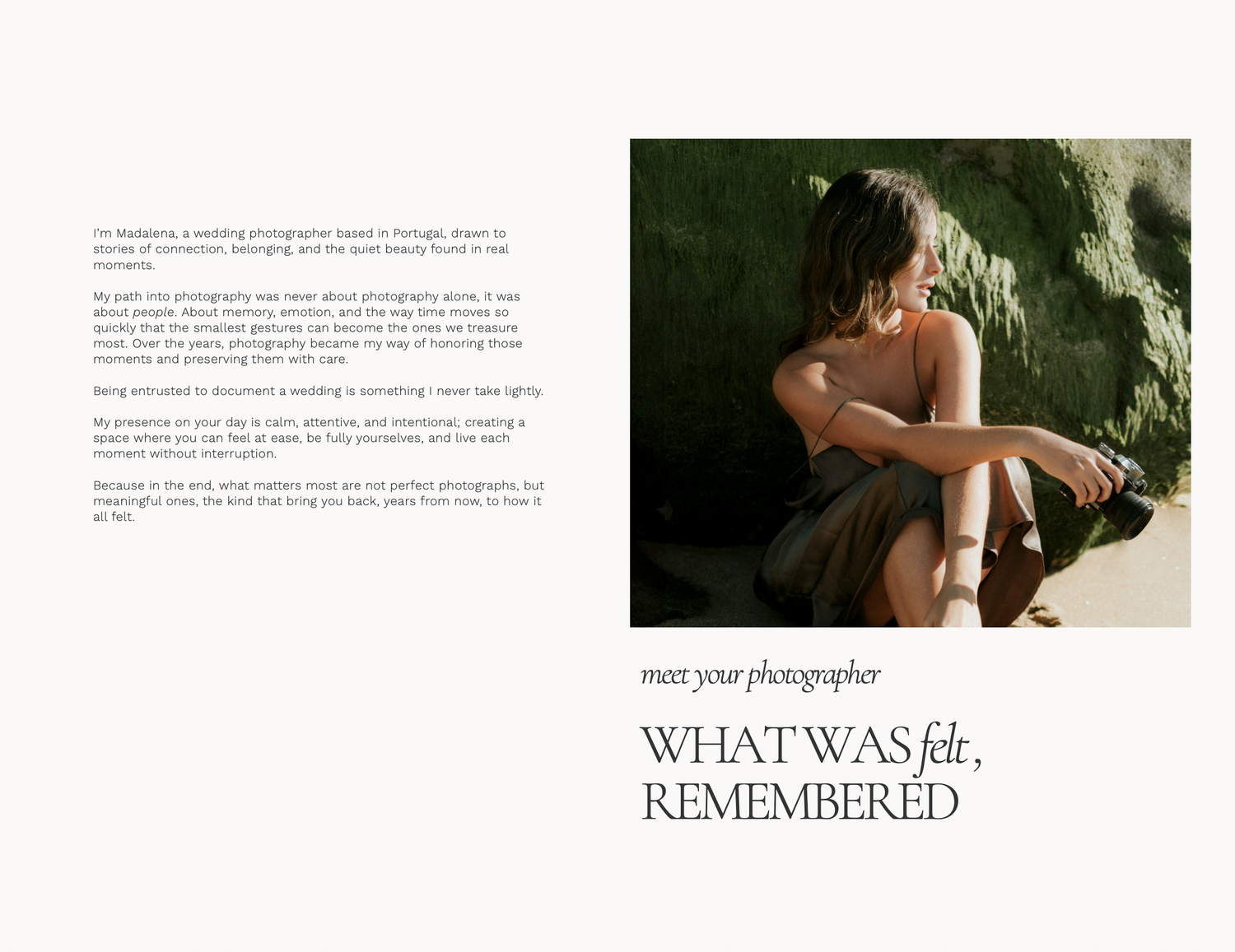 A woman in earthy tones poses against a green backdrop, featured on a wedding photographer portfolio webpage.