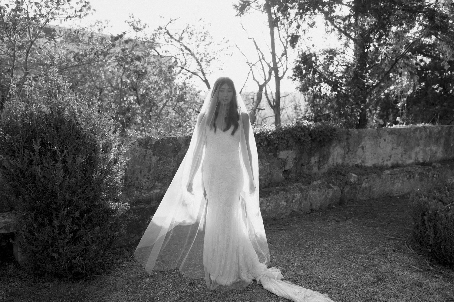 Bride wearing fitted wedding gown and long veil standing in garden during wedding day