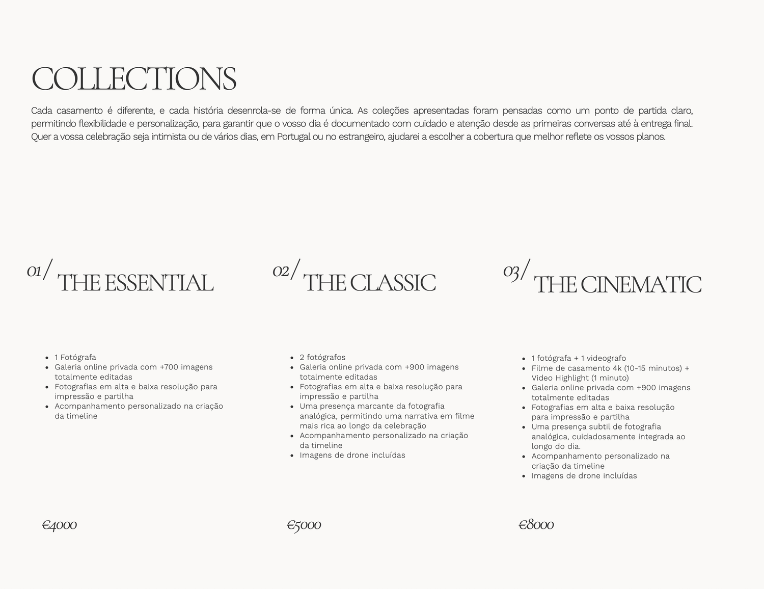 Photography collections pricing page showing three tiers: The Essential, The Classic, and The Cinematic wedding packages.