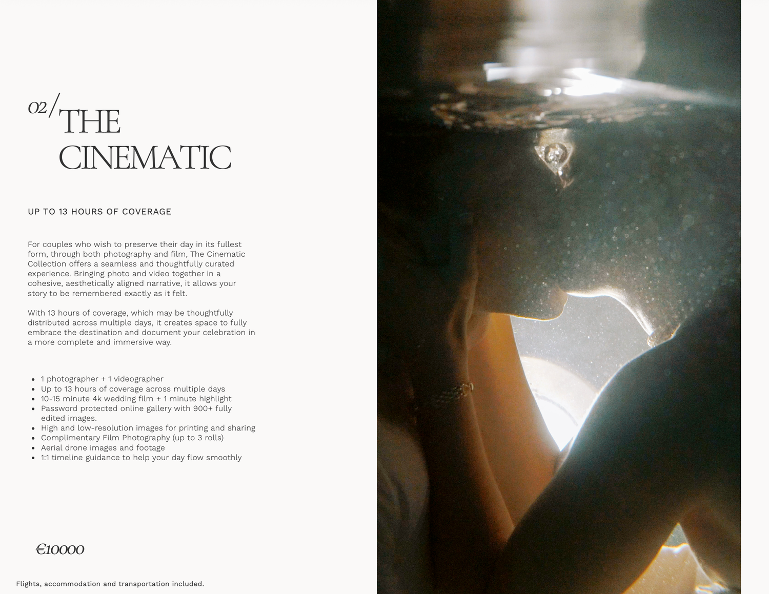Underwater cinematic wedding photography package brochure featuring an ethereal submerged portrait in soft natural light.