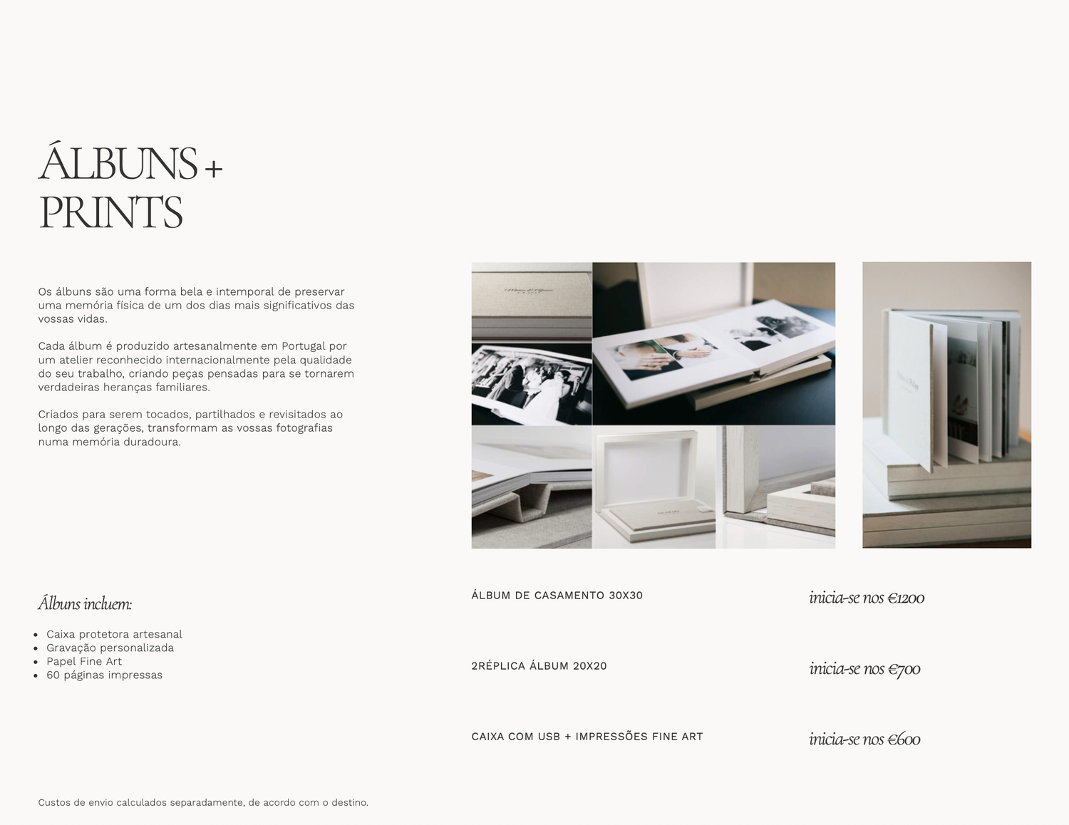 Elegant wedding photo albums and fine art prints displayed on a white surface, showcasing premium photography packaging options.