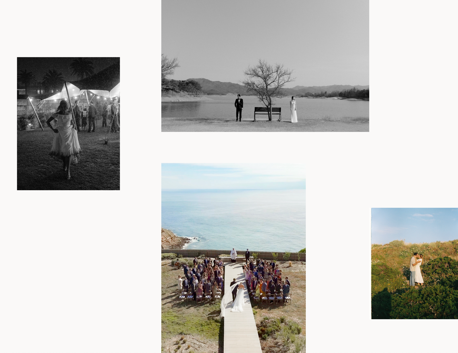 Four wedding photos showing a tent reception, beachside ceremony, coastal outdoor gathering, and a bride in a garden setting.