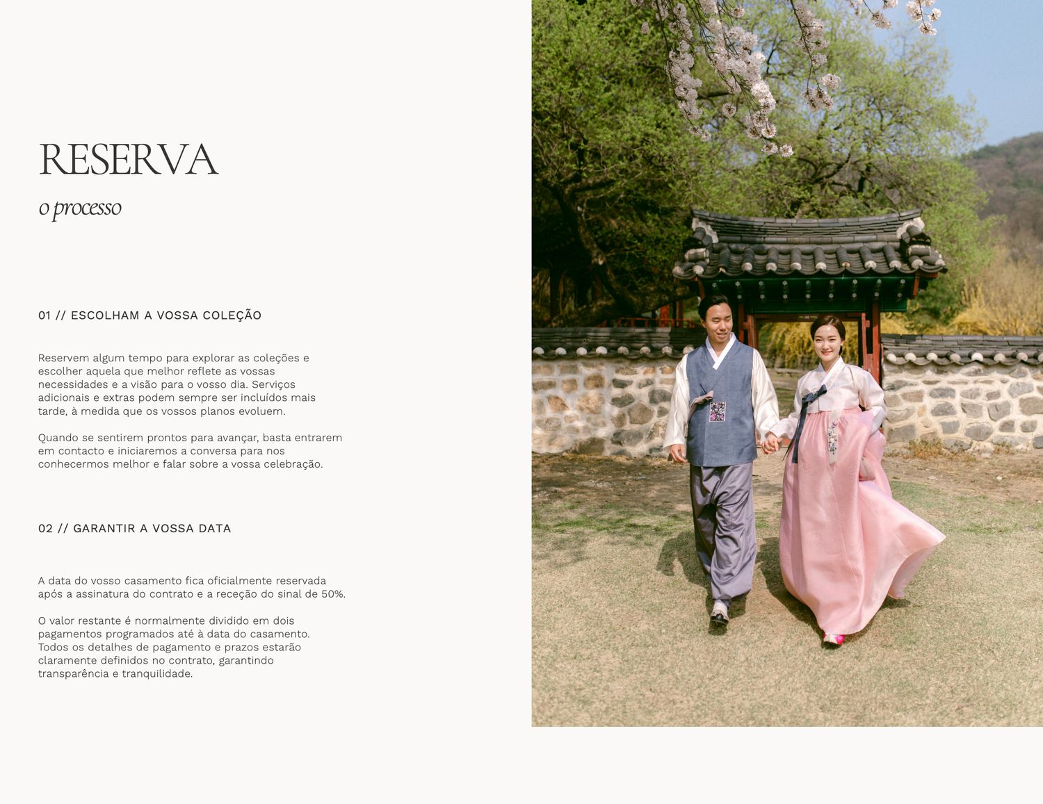 Couple in traditional Korean hanbok attire walking through a scenic garden with cherry blossoms in bloom.