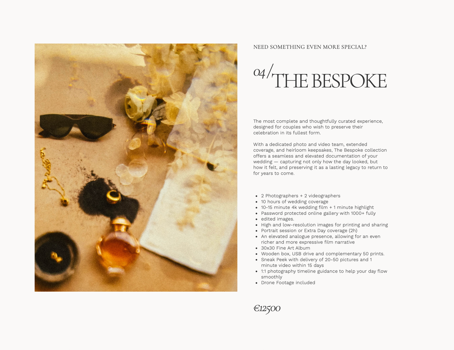Luxury bespoke wedding photography package brochure with gold accents, perfume bottle, and floral details on elegant cream background.