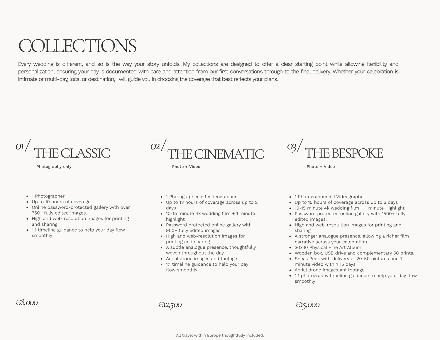 Elegant wedding photography collections brochure showing three packages: The Classic, The Cinematic, and The Bespoke.