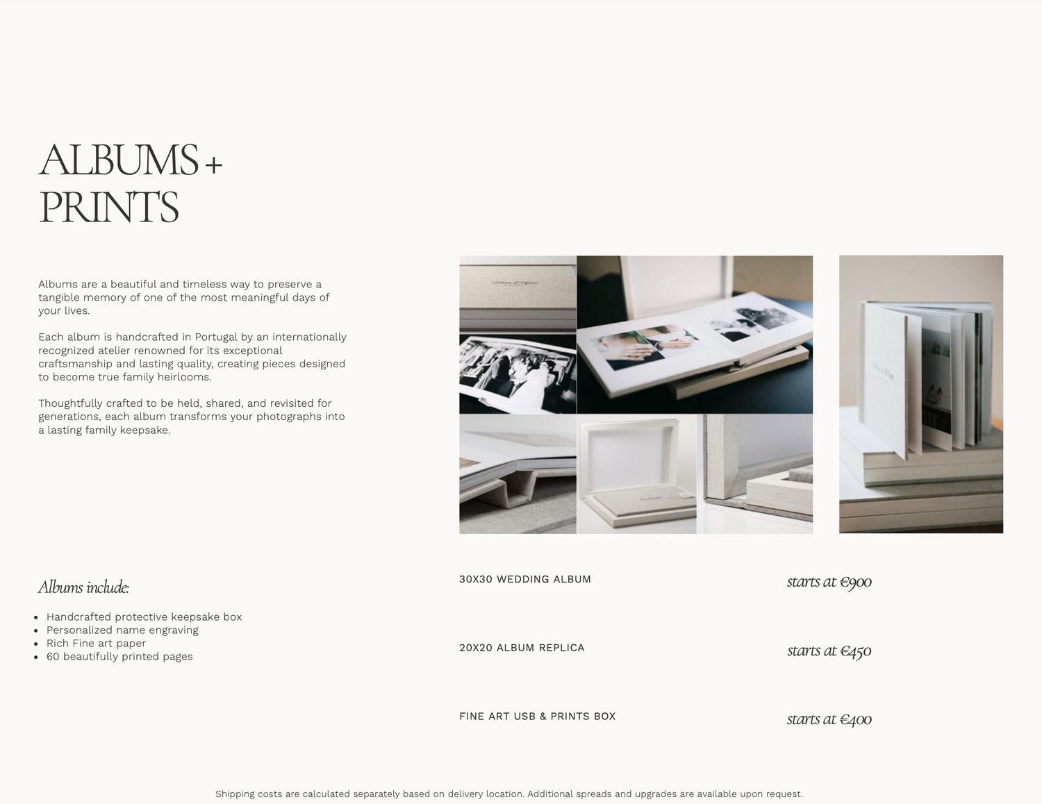 Elegant wedding photo albums and fine art prints displayed in a clean, modern layout showcasing premium photography products.
