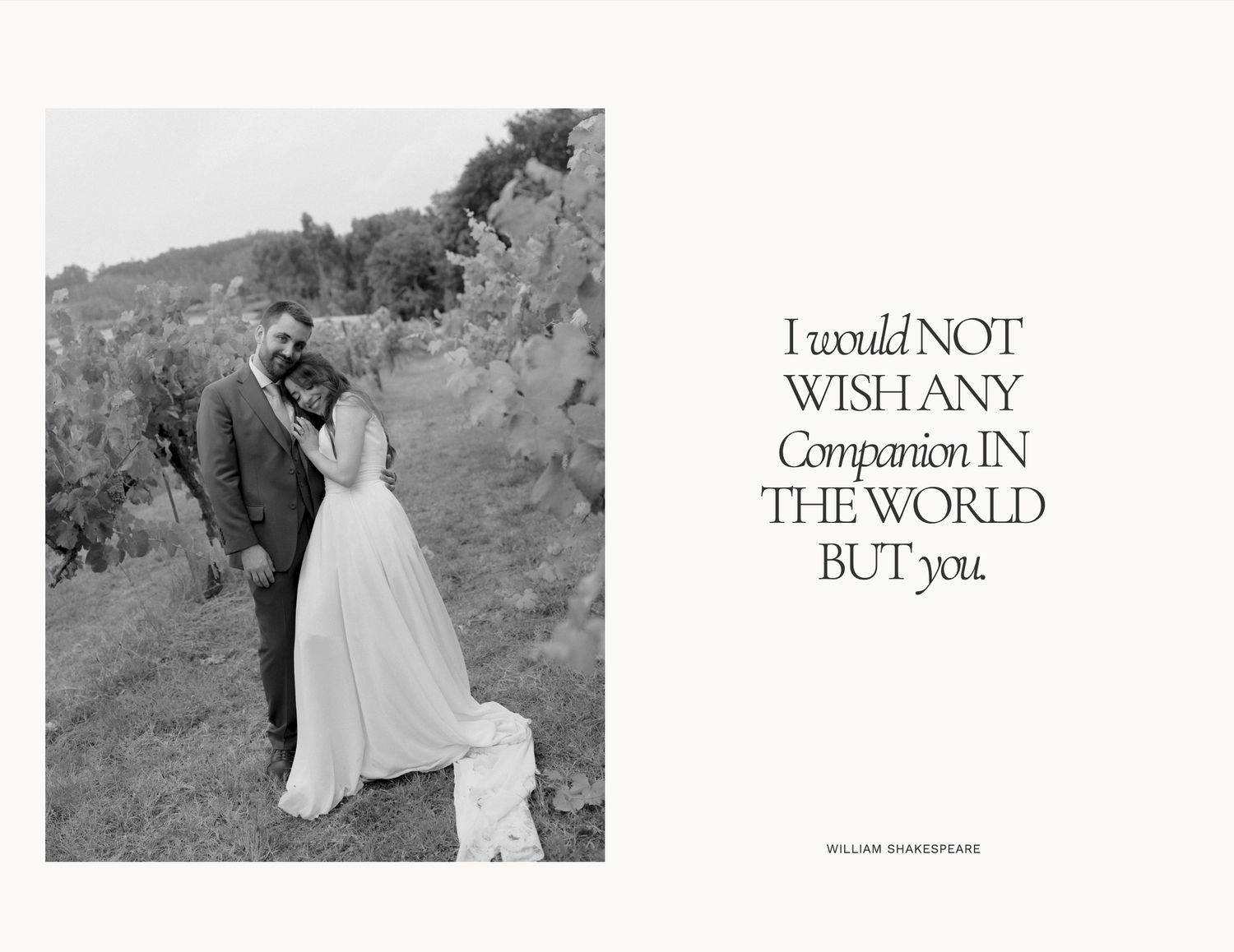 Black and white wedding photo of couple embracing in vineyard with romantic Shakespeare quote on elegant layout.